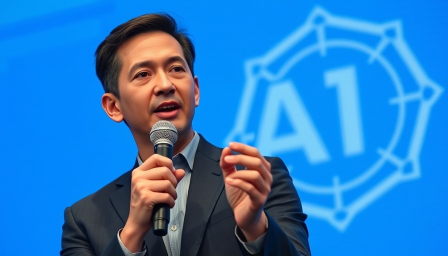 Professional speaker discussing latest AI news 2025 with logo.