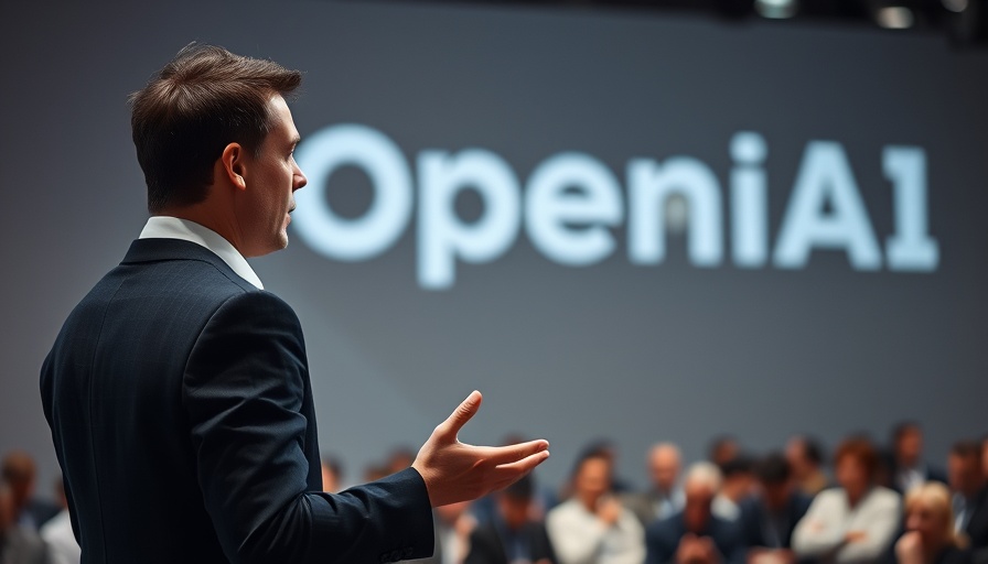 AI news summary presenter speaking on stage.