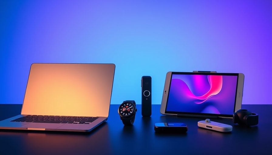 Futuristic 2025 tech gadgets displayed on a blue to purple gradient background.