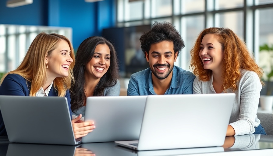 Office colleagues smiling and working together on laptops, enhancing productivity.