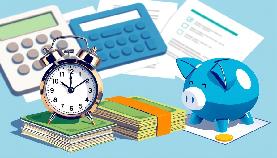 Financial planning illustration with alarm clock, money, and piggy bank, new tax law action.