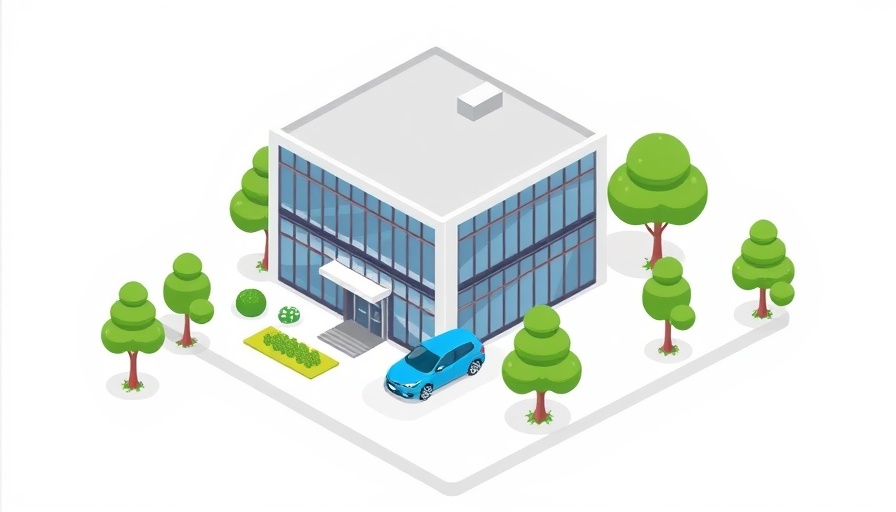Isometric illustration of a modern office building, depicting business expansion