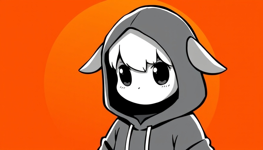 Monochromatic cartoon character with hood, orange circle background, AI theme.