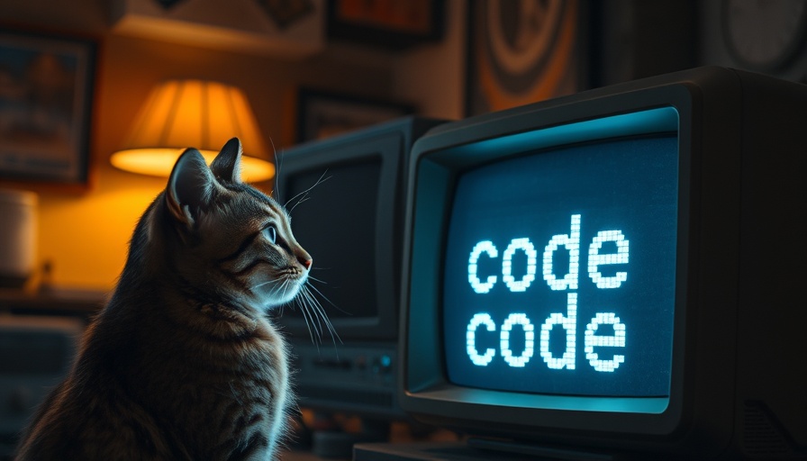 Curious cat observing vintage computer screen with Claude Code.