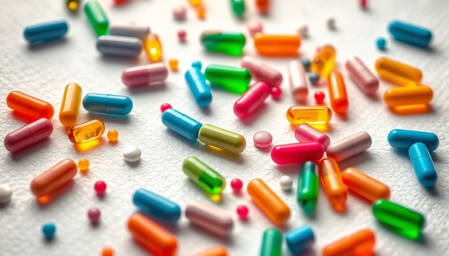 Colorful capsules and tablets on a white textured background.