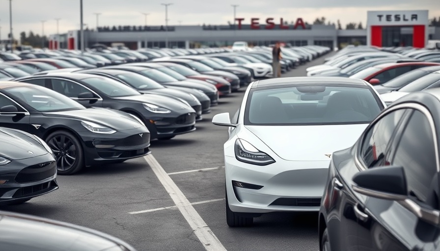 Parking lot filled with Teslas, white Tesla in motion, overcast day.