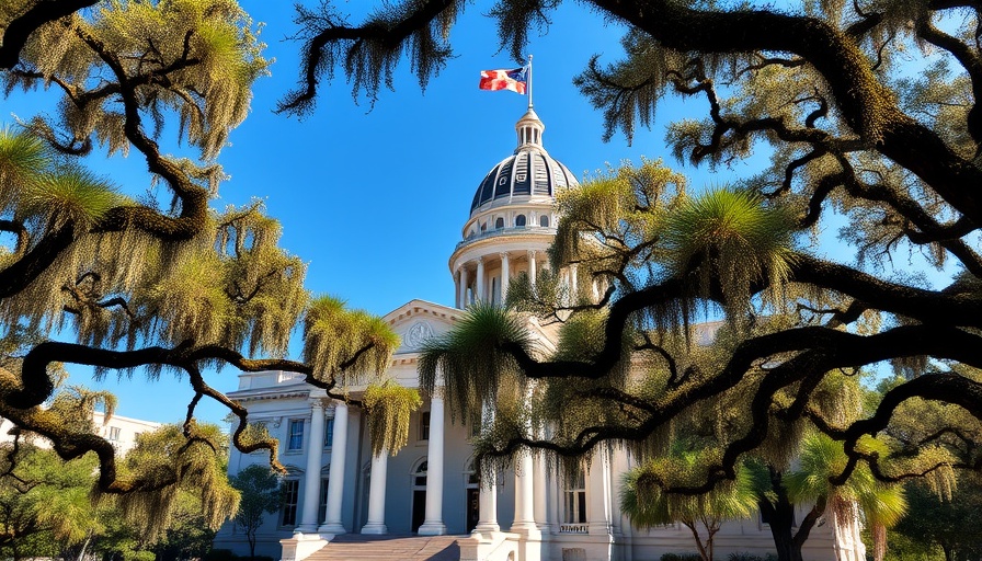 Florida Capitol building with mossy oak branches.