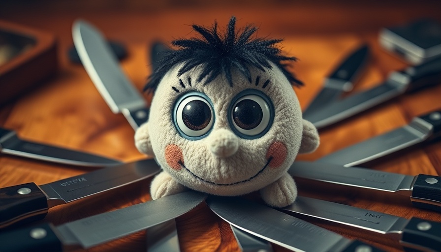 Cute plush toy with knives, educational demonstration, playful scene.
