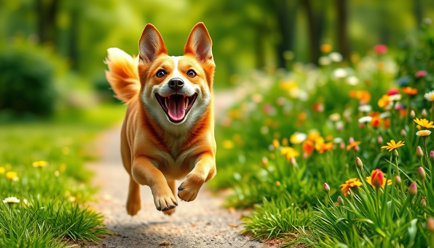 Excited dog running on a path with digital elements, AI game concept.