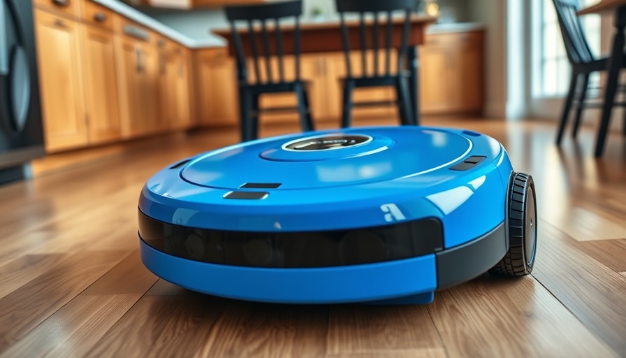 AI-powered gadgets: blue robotic vacuum on kitchen floor