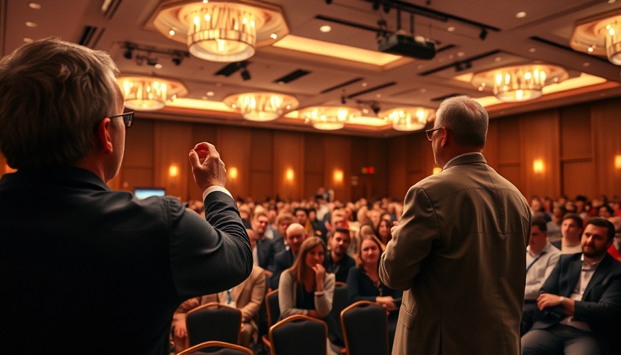 Speaker at Seafood New Zealand Conference engaging audience in a lively presentation.