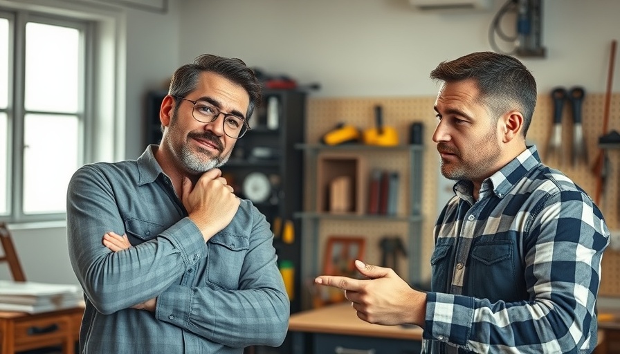 Two men discussing home design in a modern workshop setting.