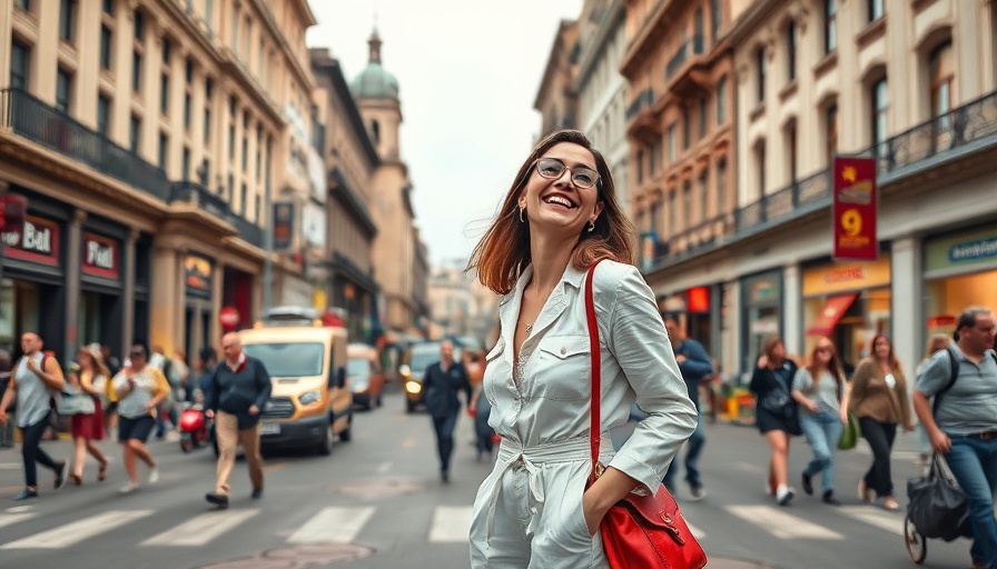 Joyful woman in city street related to Regina King Wine Brand MianU.