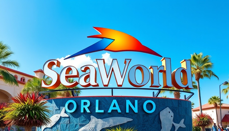 SeaWorld Orlando expansion sign surrounded by lush greenery and a blue sky.