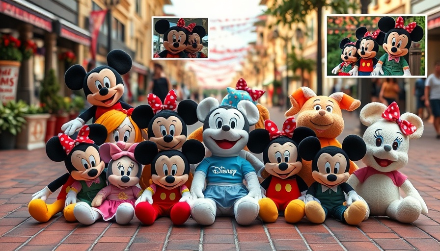 Collection of Disney Wishables and Squishmallows in outdoor plaza.