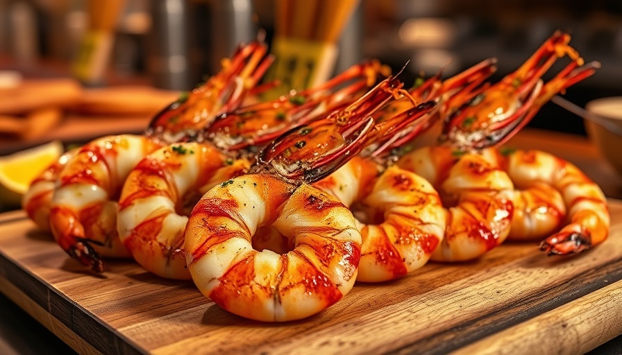 Grilled shrimp on wooden board, seafood delight.