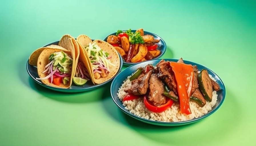 Colorful meal delivery service dinner on vibrant background.