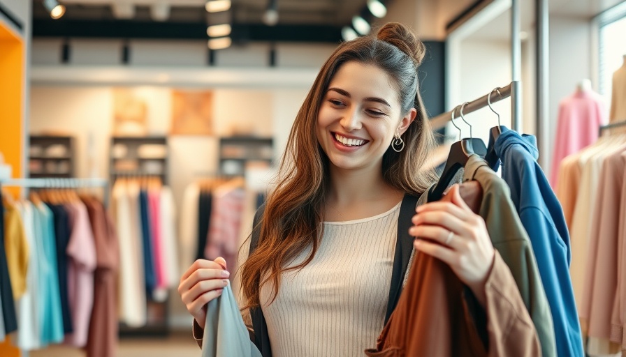 Cheerful woman in a fashion store exploring clothing options, vibrant setting.