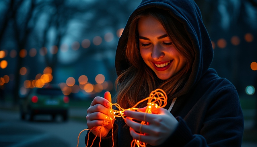 AI tools for product marketing concept with young woman playing with glowing yarn.