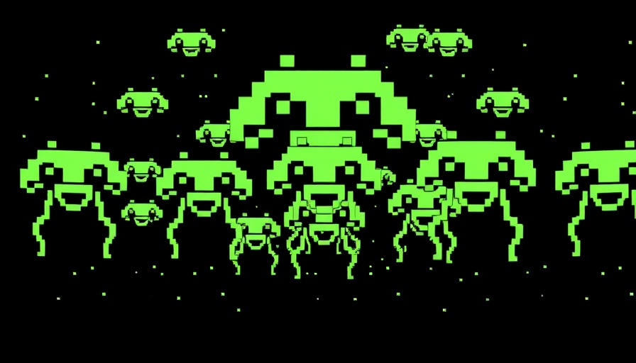 Space Invaders movie adaptation: 8-bit alien invaders game screen.