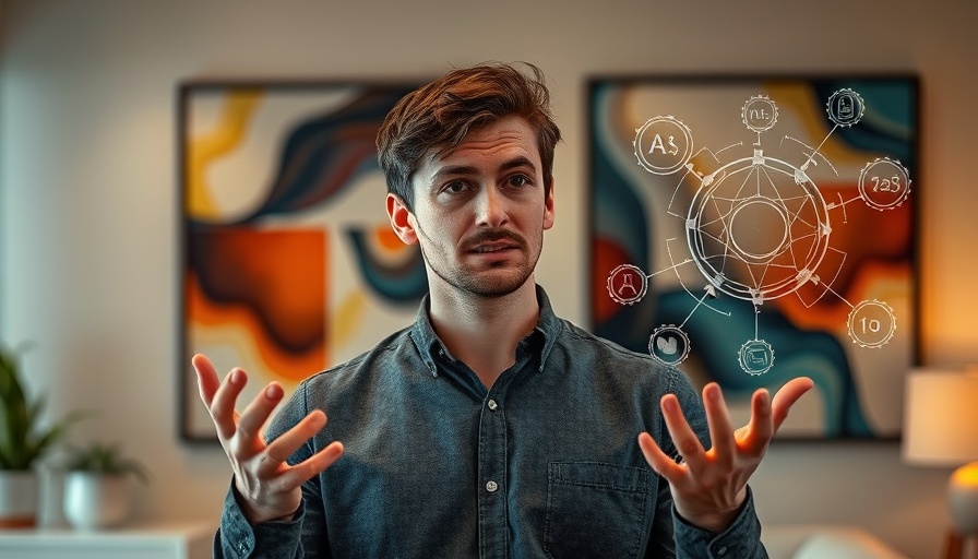 Young man explaining AI with gestures, indoor setting, warm tones.