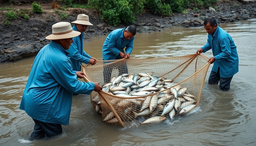 Fishermen practicing sustainable seafood harvesting in a river.