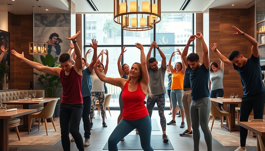 Group of runners stretching in restaurant, restaurant run clubs gathering.
