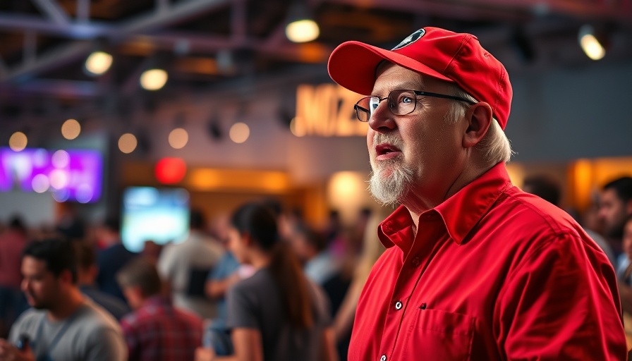 Middle-aged man engaging audience at indoor event.