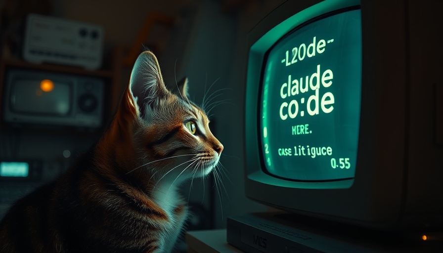 Curious cat looking at vintage computer in dim light.