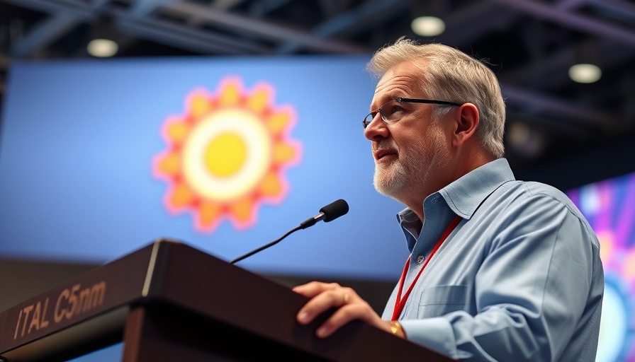 Middle-aged man speaking at a conference podium, latest AI news 2025 event.