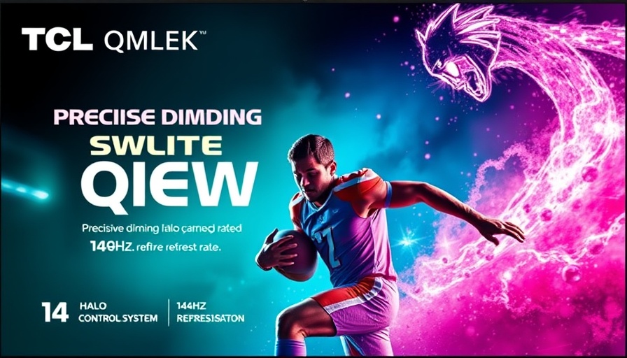 Advertisement for TCL QM6K QLED TV with football player and colorful background.