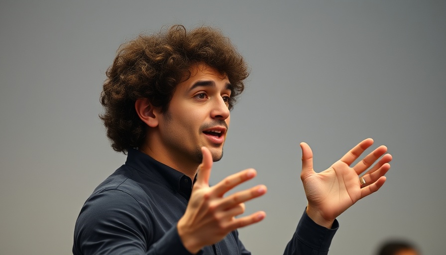 Curly-haired presenter discussing latest AI news 2025 at conference.