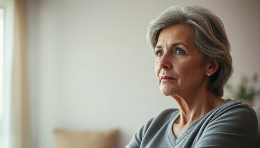 Middle-aged woman seated indoors, looking thoughtful.