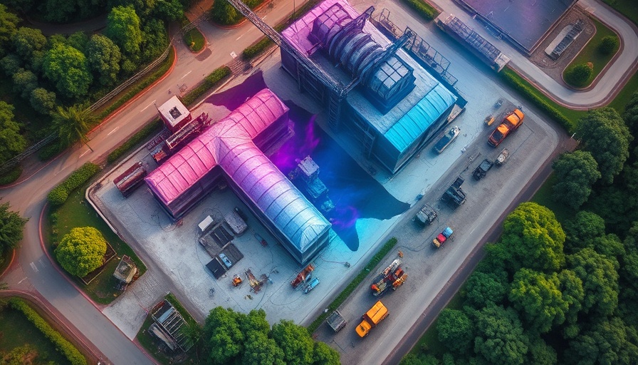 Aerial view of Villains Land construction with character overlay.