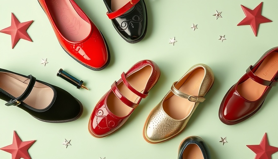 Trendy Mary Jane shoes in assorted styles on a green background.