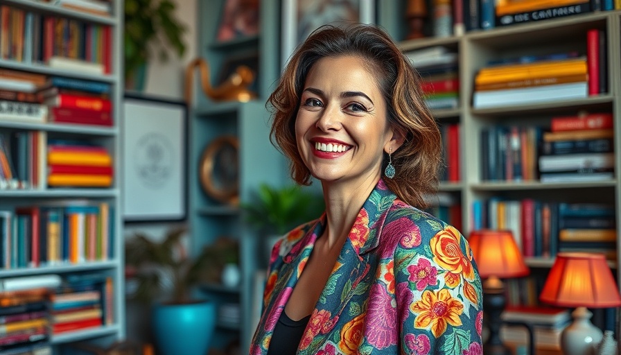 Elegant woman in vibrant patterned jacket smiling, embracing timeless patterns in fashion.