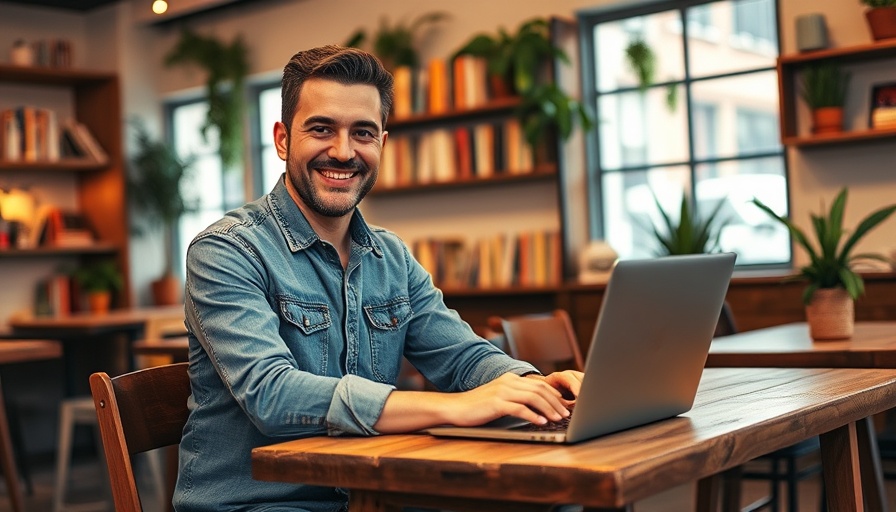 Man in denim shirt working on laptop in a cozy cafe