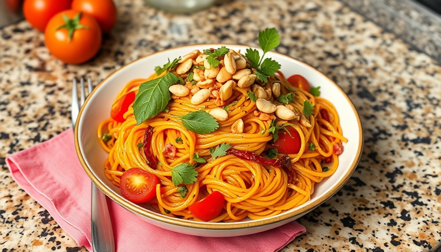 Vibrant summer tomato noodle salad on granite countertop.