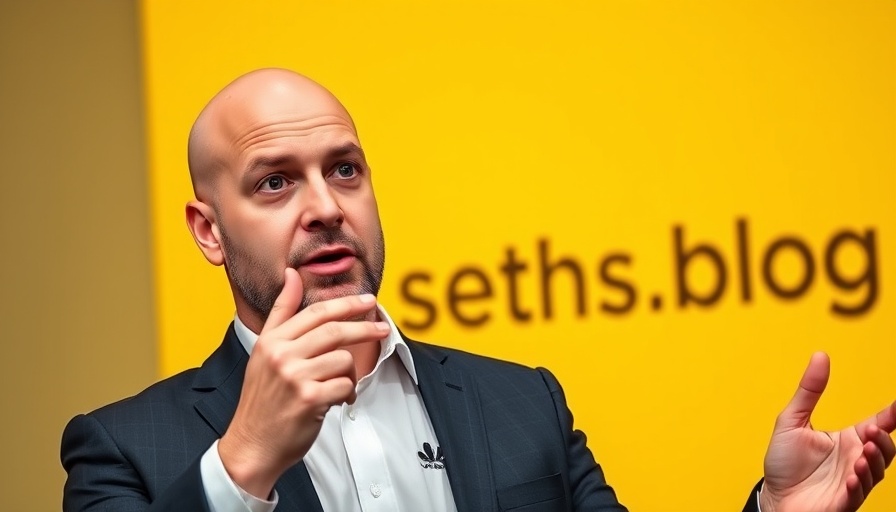 Business speaker sharing ahas on vibrant yellow seths.blog backdrop.