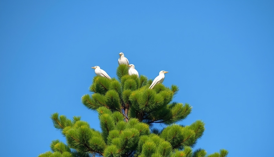 White birds perched on a pine tree under a blue sky, outdoor activities in Florida.