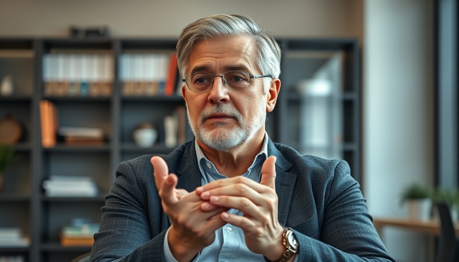 Thoughtful entrepreneur sharing AI insights in a modern office setting.