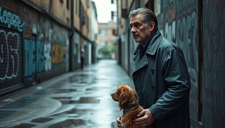 Contemplative man walking a dog in a rainy urban alley.