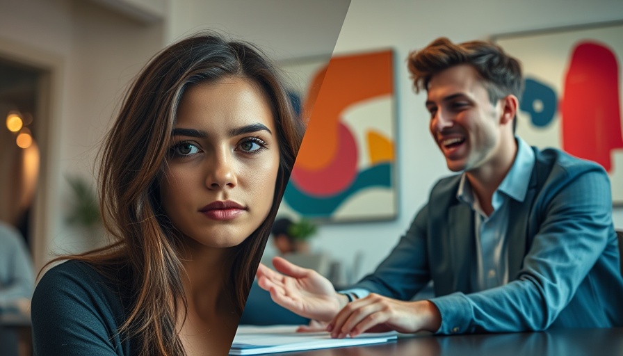 AI-generated photos split image with woman and man discussing.