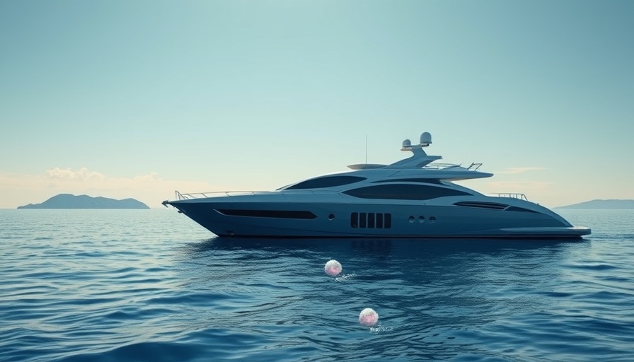 Modern luxury yacht on calm sea with blue sky and island.