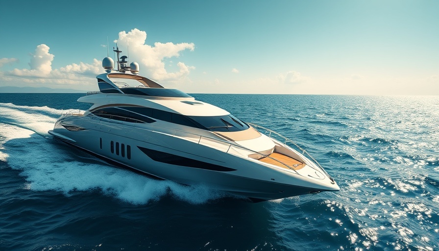 Luxurious sleek yacht cruising the ocean under a sunny sky.