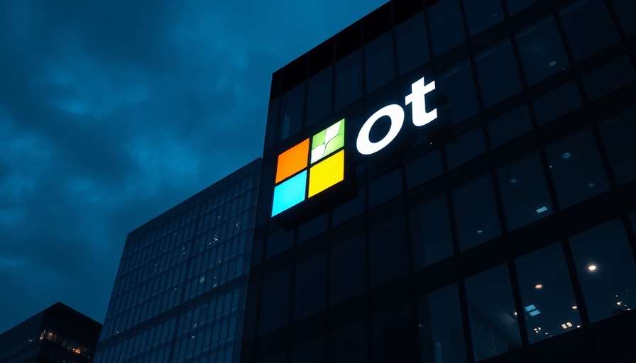 Illuminated Microsoft logo at night, modern building background.