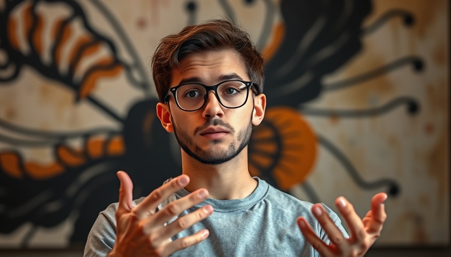 Young man discussing AI and ethical use with abstract art background.
