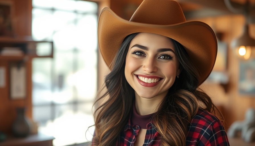 Smiling woman in cowboy hat indoors with western decor, home design.