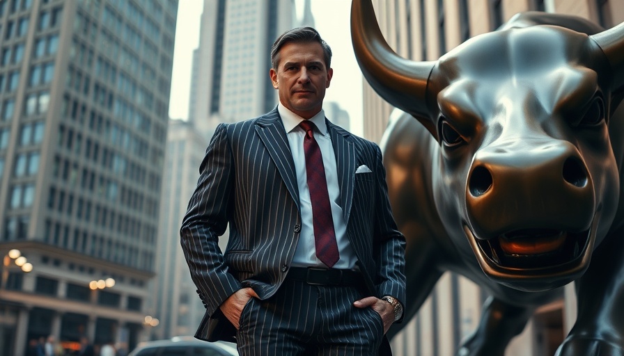 Confident businessman demonstrating tough leadership skills beside a bull statue.