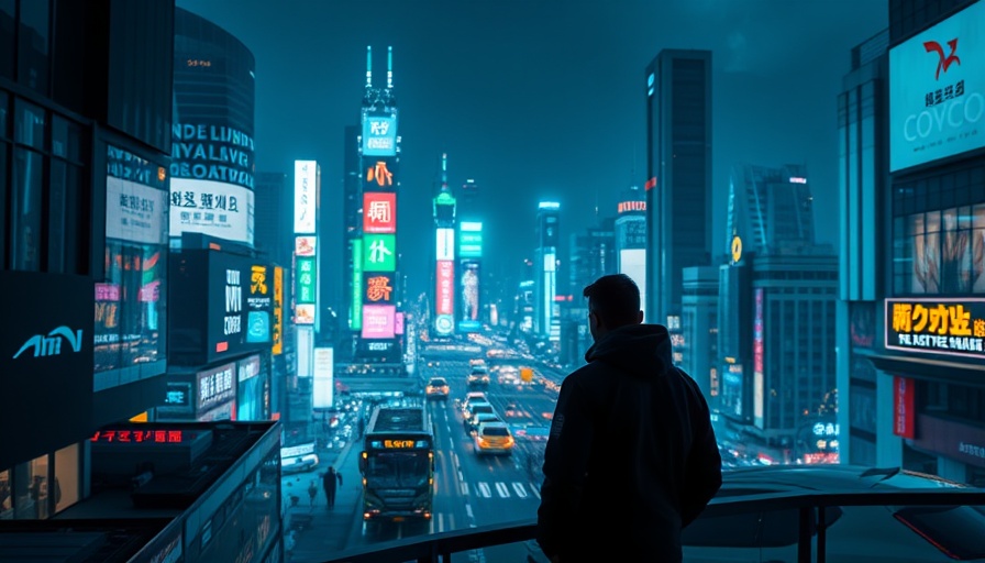 Futuristic city at night with glowing neon lights.